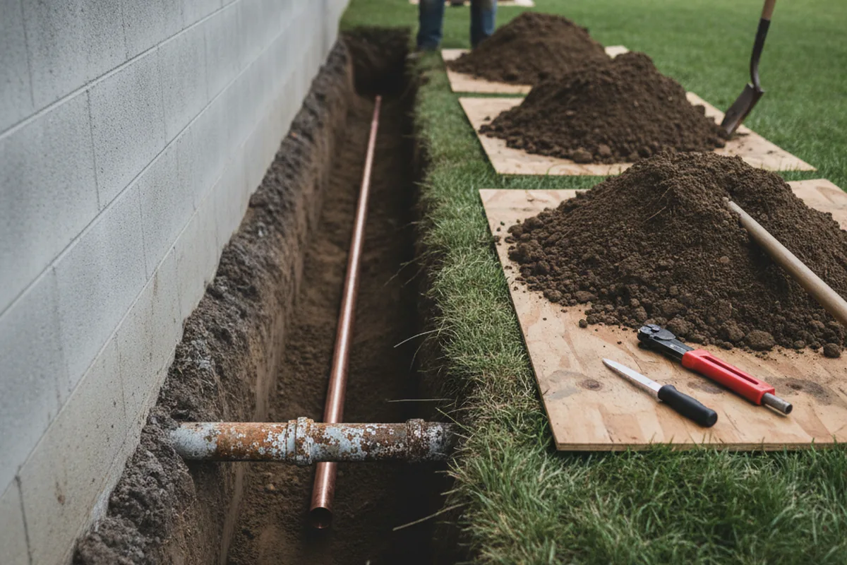 Excavated water line trench during Water Softener Installation in Beaver Dam